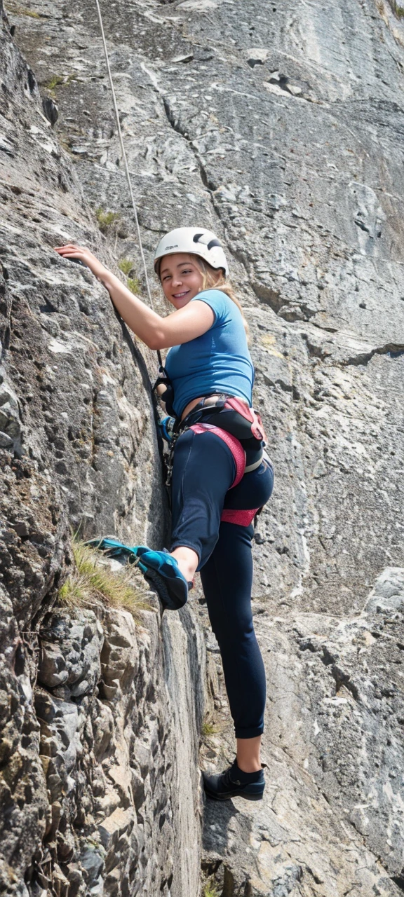 5 year old girl, 1girl, blonde hair, blue eyes, smiling, rock climbing, upper body view, sky background, rocks background, dynamic pose, beautiful detailed eyes, beautiful detailed lips, long eyelashes, extremely detailed face, wearing pants, wearing t-shirt, climbing harness, holding rocks, vivid colors, dramatic lighting, (best quality,4k,8k,highres,masterpiece:1.2),ultra-detailed,(realistic,photorealistic,photo-realistic:1.37),has a sticker on t-shirt that says "Kowalscy Team", no nipples visible, bra underneath t-shirt, climbing harness, climbing helmet, climbing onto rocks