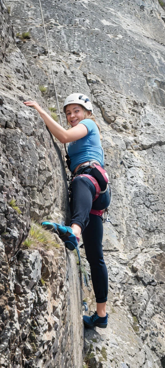 5 year old girl, 1girl, blonde hair, blue eyes, smiling, rock climbing, upper body view, sky background, rocks background, dynamic pose, beautiful detailed eyes, beautiful detailed lips, long eyelashes, extremely detailed face, wearing pants, wearing t-shirt, climbing harness, holding rocks, vivid colors, dramatic lighting, (best quality,4k,8k,highres,masterpiece:1.2),ultra-detailed,(realistic,photorealistic,photo-realistic:1.37),has a sticker on t-shirt that says "Kowalscy Team", no nipples visible, bra underneath t-shirt, climbing harness, climbing met, climbing onto rocks