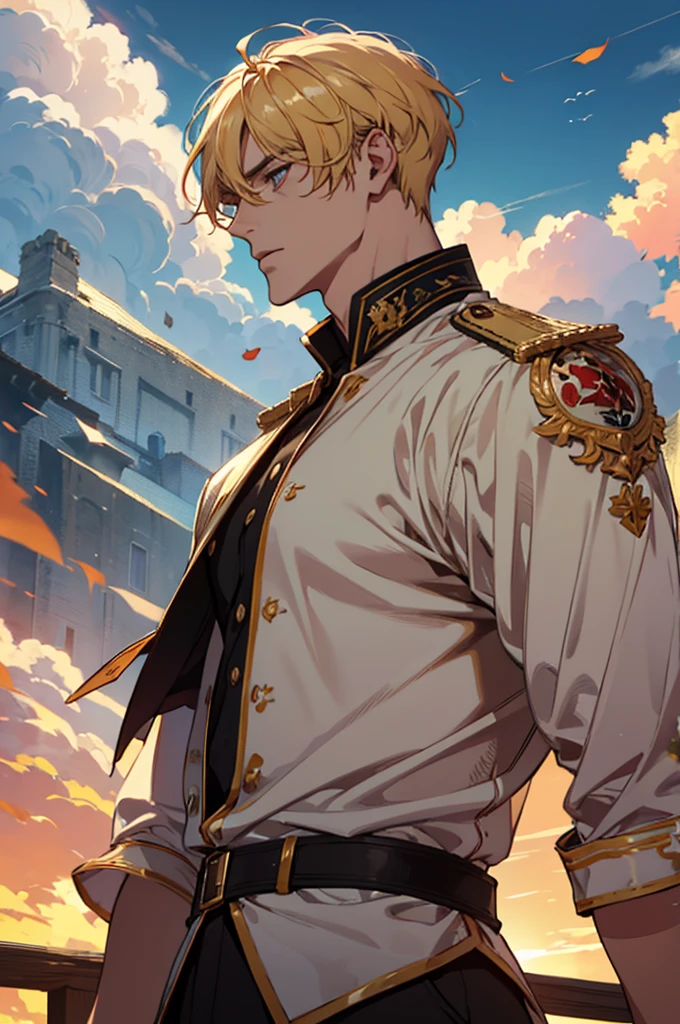 absurdres, highres, ultra detailed), 1 male, adult, handsome, tall muscular guy, broad shoulders, finely detailed eyes and detailed face, fantasy, dark theme, cinematic lighting, colorful, portrait, flying petal, Flowery meadow, cloudy sky, building, sun, light, close up,side profile, blonde hair, golden hair, golden flames, white and red uniform, short hair, standing in front of sun