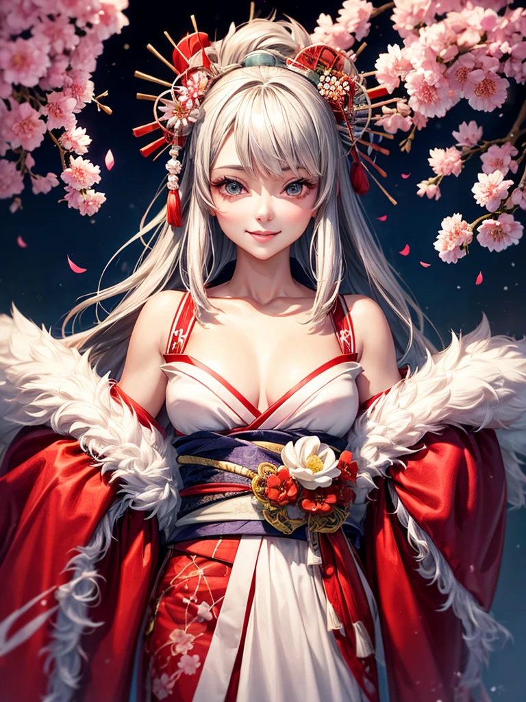 Very detailed CG unity 8k wallpaper., A cute girl, mature gray haired girl, Half update,beautiful girl, hot young woman, white skin(The ultimate masterpiece, beautiful person, well detailed face polluted smilee,   A flat chest is hidden by a kimono.、realistic, Too realistic), Colorful winter kimono in red and pink. 、has white fur、 Wear white gloves.,Japanese style hair accessories,  (light)、smile,upper body 、Japanese background with pink flowers and chrysanthemums,Soft light,white balance,Cloudy edges