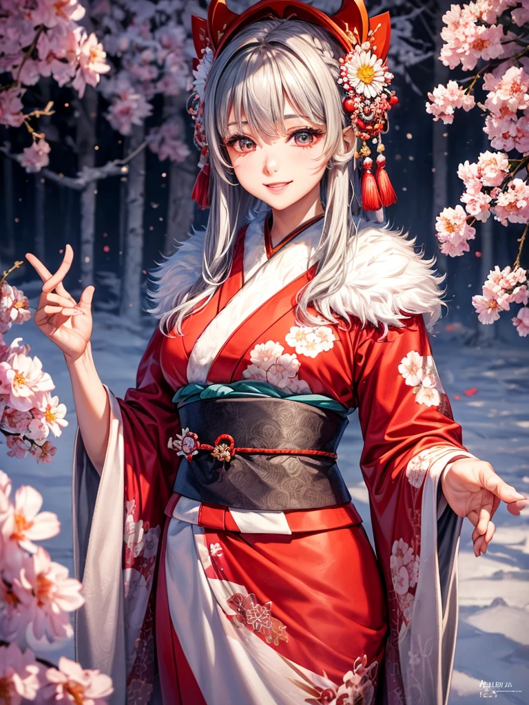Very detailed CG unity 8k wallpaper., A cute girl, mature gray haired girl, Half update,beautiful girl, hot young woman, white skin(The ultimate masterpiece, beautiful person, well detailed face polluted smilee, A flat chest is hidden by a kimono.、realistic, Too realistic), Colorful winter kimono in red and pink. 、has white fur、 Wear white gloves.,Japanese style hair accessories, (light)、smile,upper body 、Japanese background with pink flowers and chrysanthemums,Soft light,white balance,Cloudy edges