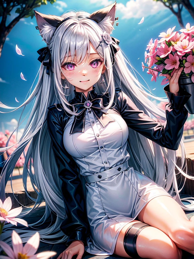 Silver hair, pink eyes, body, cat ears, y girl, earrings, flower sky background, blue uniform, hair bows, lay down, happy face