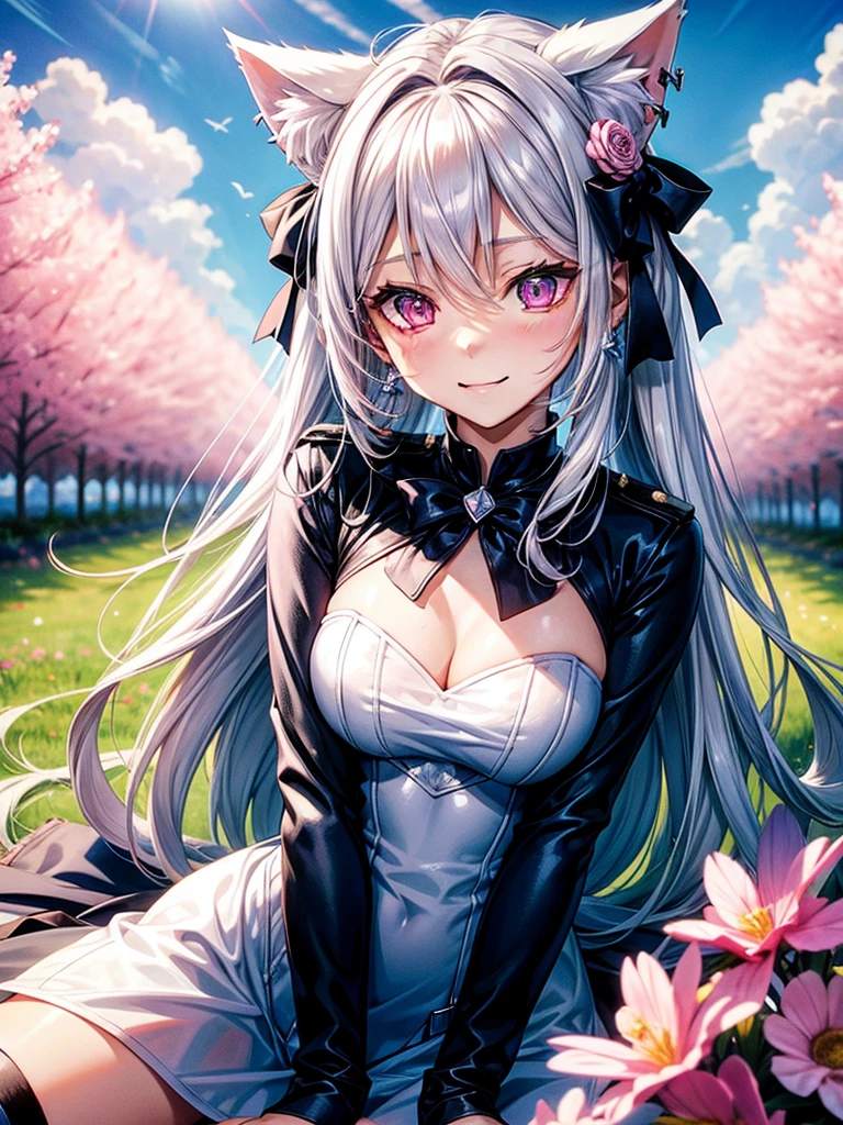 Silver hair, pink eyes, body, cat ears, sexy girl, earrings, flower sky background, blue uniform, hair bows, lay down, happy face