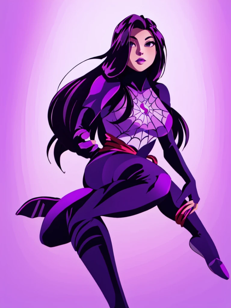 Spid3rxPsylocke, 1girl, solo, long hair, purple eyes, purple hair, armor, bodysuit, purple lips, spider (symbol)
