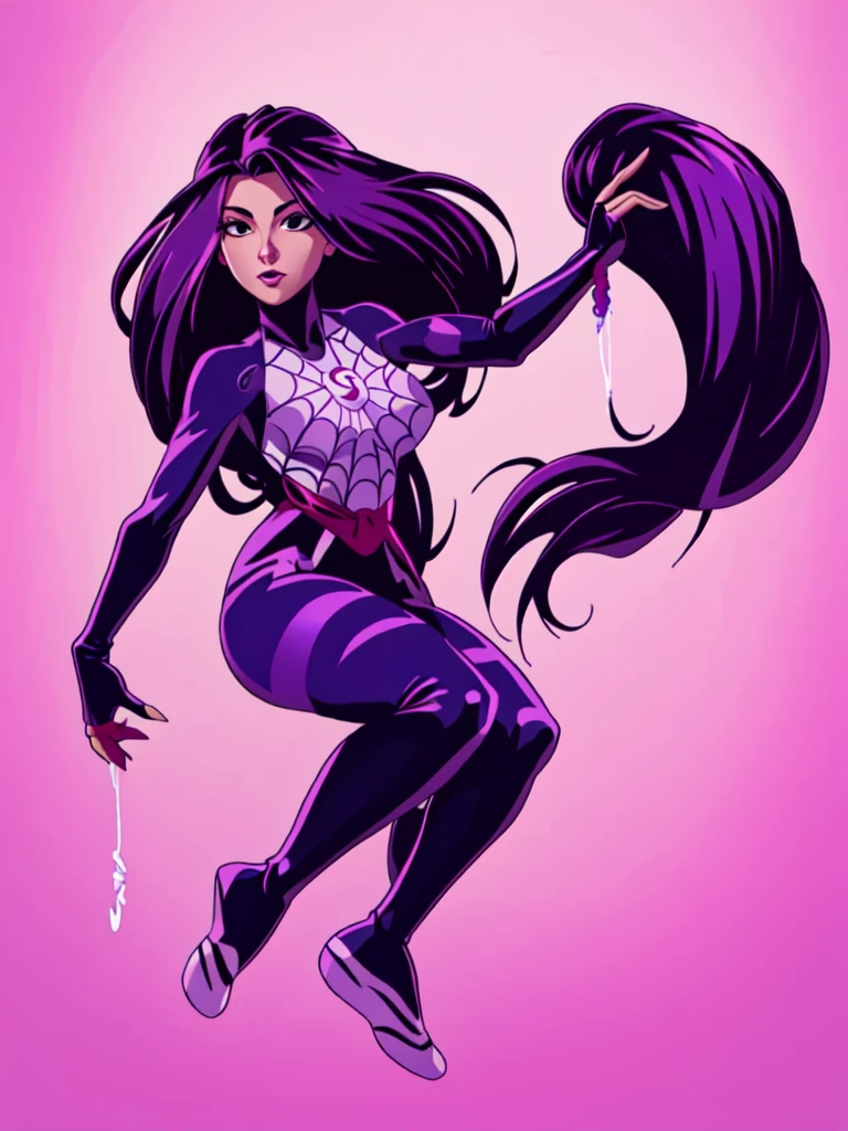 Spid3rxPsylocke, 1girl, solo, long hair, purple eyes, purple hair, armor, bodysuit, purple lips, spider (symbol)
