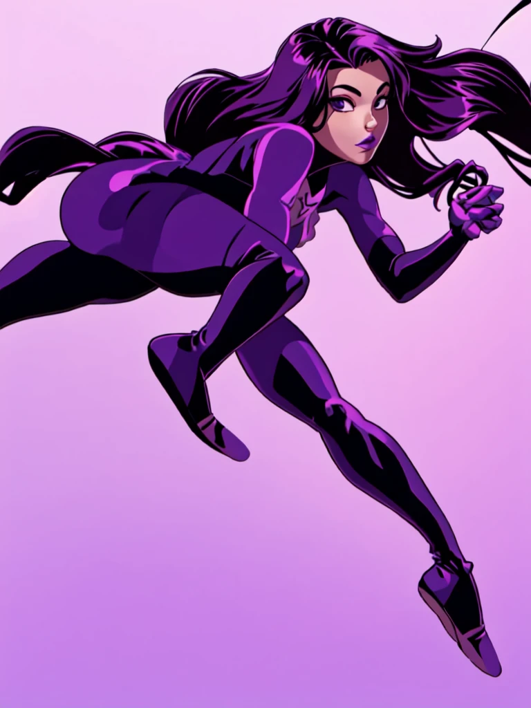 Spid3rxPsylocke, 1girl, solo, long hair, purple eyes, purple hair, armor, bodysuit, purple lips, spider (symbol)