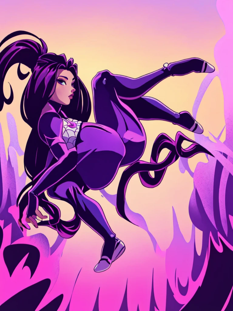 Spid3rxPsylocke, 1girl, solo, long hair, purple eyes, purple hair, armor, bodysuit, purple lips, spider (symbol)
