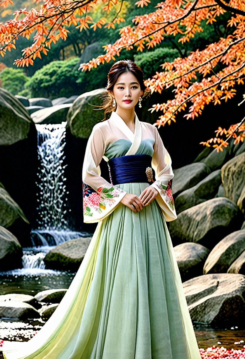 South Korean actress Song Hye-kyo, her ethereal beauty accentuated by the delicate, soft features typical of the Mahwa art style. Her hair, expertly styled in traditional Korean fashion, cascades down her back in a waterfall of black waves. She is adorned in a stunningly intricate hanbok, a Korean traditional dress, its colors vibrant and rich, reflecting the hues of autumn leaves. The upper garment, a jeogori, drapes gracefully over her shoulders, while the full skirt, a chima, flows elegantly around her slender figure. The sleeves of the dress, known as the banana sleeves, flare out dramatically, adding a sense of movement and fluidity to the overall composition. Against a backdrop of autumn foliage, Song Hye-kyo stands with her head held high, exuding an air of confident poise and serene grace, her gaze fixed on something far beyond the viewer's perception. The Mahwa art style lends a dreamlike quality to the scene, as if she were a celestial being descended from the heavens to bask in the warmth of the season's final embrace.