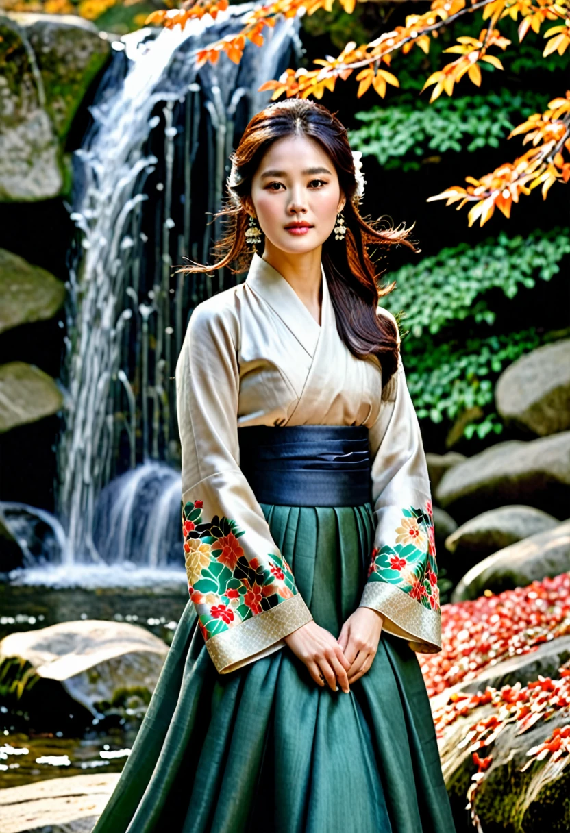 South Korean actress Song Hye-kyo, her ethereal beauty accentuated by the delicate, soft features typical of the Mahwa art style. Her hair, expertly styled in traditional Korean fashion, cascades down her back in a waterfall of black waves. She is adorned in a stunningly intricate hanbok, a Korean traditional dress, its colors vibrant and rich, reflecting the hues of autumn leaves. The upper garment, a jeogori, drapes gracefully over her shoulders, while the full skirt, a chima, flows elegantly around her slender figure. The sleeves of the dress, known as the banana sleeves, flare out dramatically, adding a sense of movement and fluidity to the overall composition. Against a backdrop of autumn foliage, Song Hye-kyo stands with her head held high, exuding an air of confident poise and serene grace, her gaze fixed on something far beyond the viewer's perception. The Mahwa art style lends a dreamlike quality to the scene, as if she were a celestial being descended from the heavens to bask in the warmth of the season's final embrace.