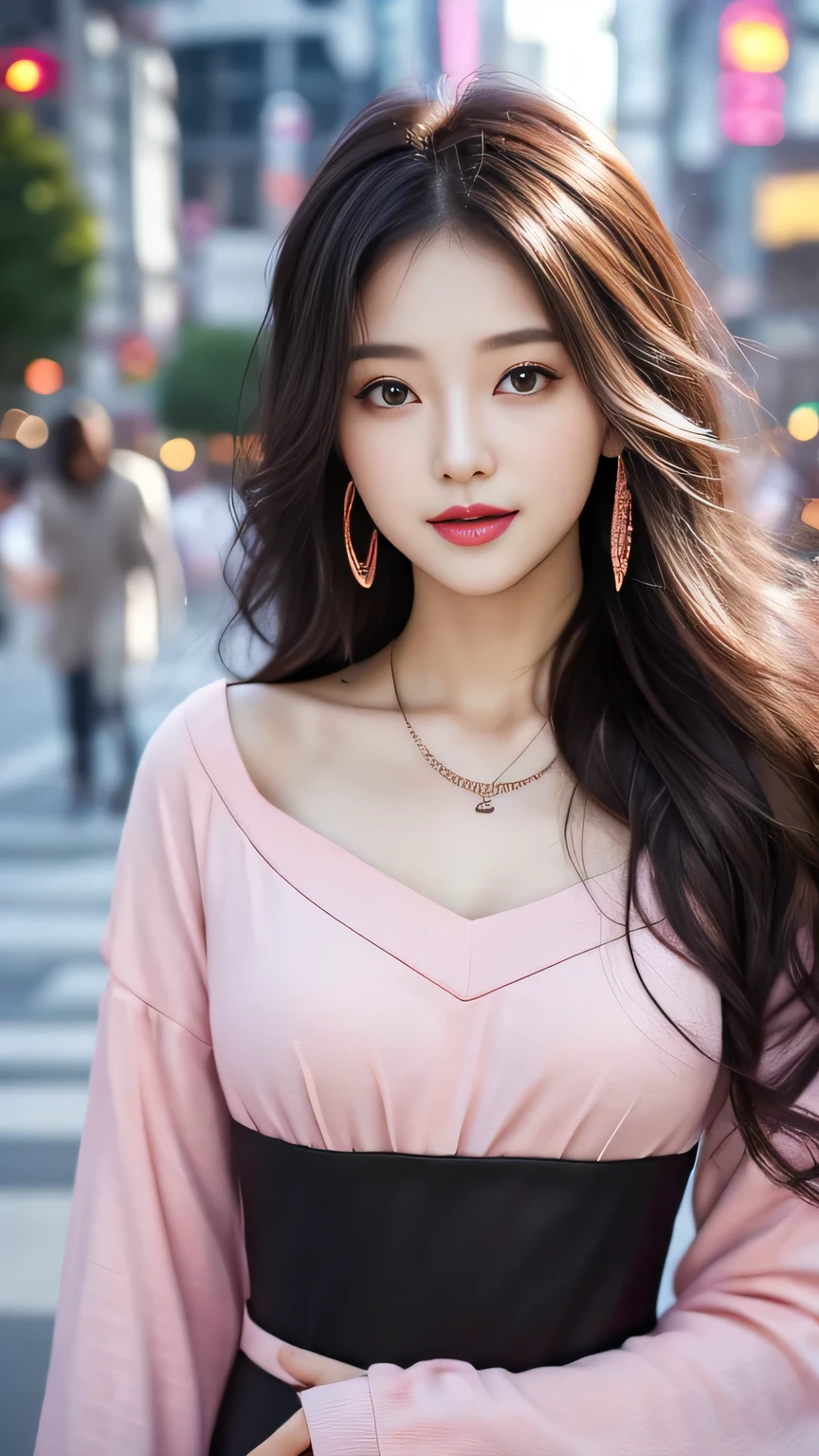 masterpiece, top-quality, ((1womanl)), different pink color, finely eye and detailed face, intricate detailes, Casual black and pink attire, window, A smile, Happiness, tenderness, high-level image quality、 Beautiful Woman、tall、a small face, medium breasts, The upper part of the body、nightfall, nighttime scene、𝓡𝓸𝓶𝓪𝓷𝓽𝓲𝓬、Korea person, Idol Photos, Model photo, k pop, Professional Photos, Korean fashion in black and pink, Fedoman with necklace, inspired by Sim Sa-jeong, detailed face, Seductive, Highly detailed, semi realistic anime, hyperrealistic teen, long curly dark hair woman with wild look,