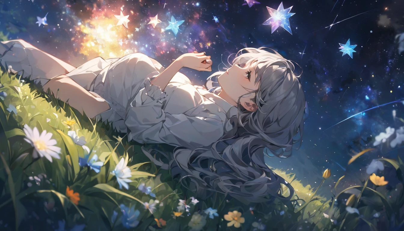 A girl is lying on the grass, Gray Hair,Look up at the starry sky. Colorful nebulae