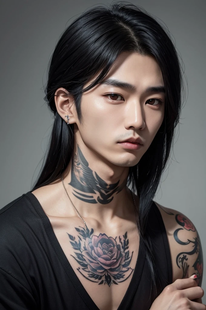 A Korean man with black hair in Mullet style, lower lip piercing, Neck tatoo