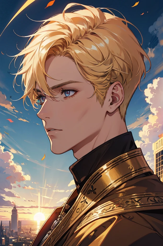 absurdres, highres, ultra detailed), 1 male, adult, handsome, tall muscular guy, broad shoulders, finely detailed eyes and detailed face, fantasy, dark theme, cinematic lighting, colorful, portrait, flying petal, Flowery meadow, cloudy sky, building, sun, light, close up,side profile, blonde hair, golden hair, golden flames, white and red uniform, short hair, standing in front of sun