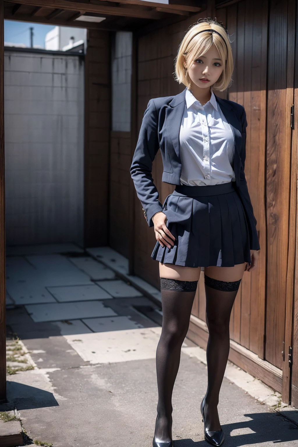 (32K、masterpiece, ultra-detailliert、top-quality、masterpiece、reallistic、フォトreallistic、portlate)、One girl、Delicate and beautiful、on tokyo street、Maid's attire、Maid headdress、Stockings、(((pantyshot、Please choose one'my own skirt)))、Spread your legs apart、Angle from below、Thin thighs、Falk Henry's pants are back、blonde hair、short-hair、red lipsticks、sexy underpant、