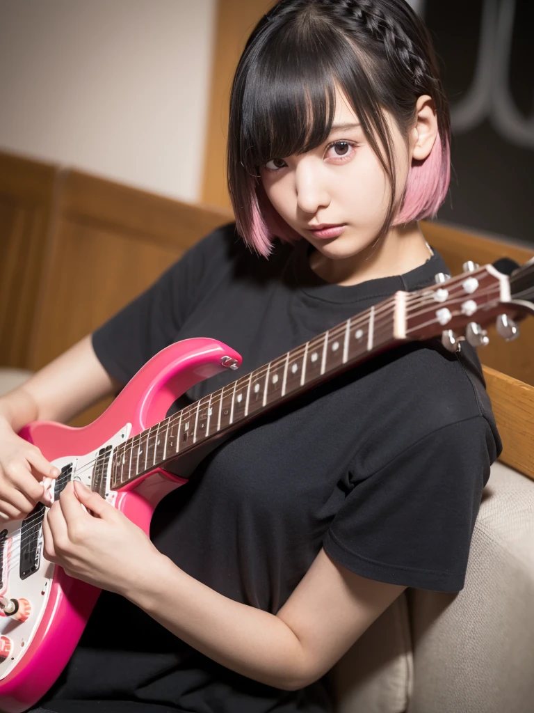 18-year-oldの女性,(High Top Fade:1.3), 18-year-old, Teenage Girls,No tail,(No tail),2D, masterpiece, Highest quality, And soul, Detailed eyes, Detailed face, With a girl, Only 1 person,Pink Hair Medium Hair, (Pink Hair),  Ear hair, small , Single Blade, (Single Blade), (Side braid), (Playing the Red Electric Guitar, 6 strings), Dark Theme, Calm colors, High Contrast, (Tuttos skin texture, Hyperrealism, Soft Light, sharp), Psychedelic T-shirt,