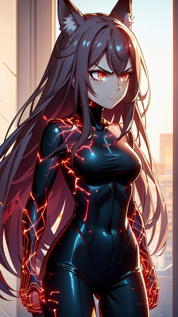 1girl ,20s,angry face,black bodysuit,(red hair),long hair,fox ears, sunny, stading in a park,glowingveins