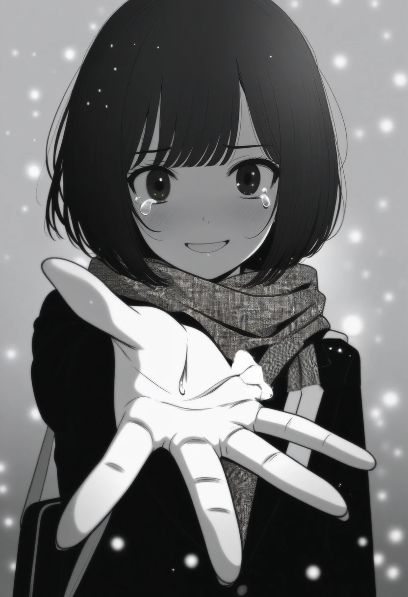 masterpiece, best quality, 1girl, mamerakkkkko, grayscale, manga style, japanese, chi no wadachi, black eyes, street, iced, black hair, schoolbag, smile, lineart, black coat, black scarf, black pleated skirt, leggins, centered, 18 years old, tall, fair skinned, bokeh background, crying, tears, tears streaming, bob cut, light particles, centered, snowing, (((reaching out left hand to viewer, perfect hand, detailed hand:1.1))