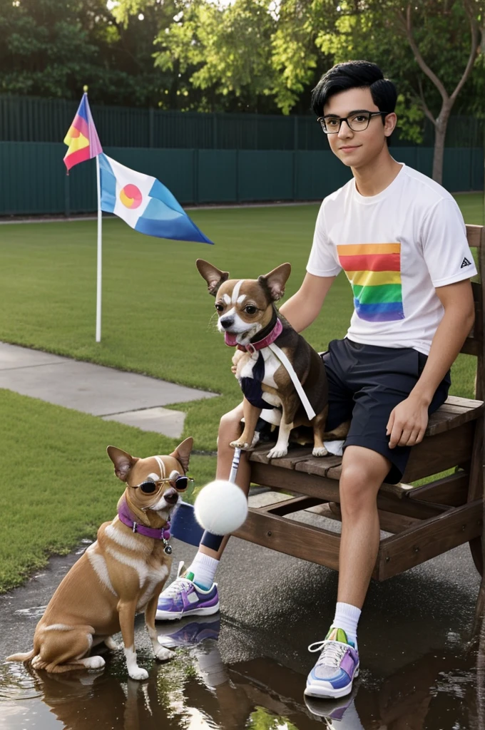 Create an image of a boy with glasses, black hair, wears Bermuda shorts and tennis shoes. He has a prosthesis on his right leg. He is sitting next to his chihuahua dog. In the background they have the sun.. In a puddle they have the reflection of the LGBT flag