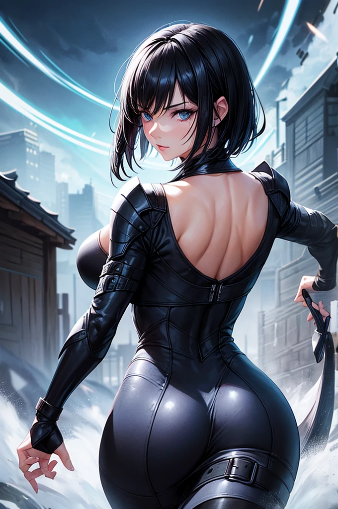 Creating an illustration of a woman in her thirties, short black hair with a back side bang, blue sky eyes, fair skin. obscured expression - she's wearing a sexy black ninja outfit, make full body - she's walking in a night town - include storm rain - digital art style