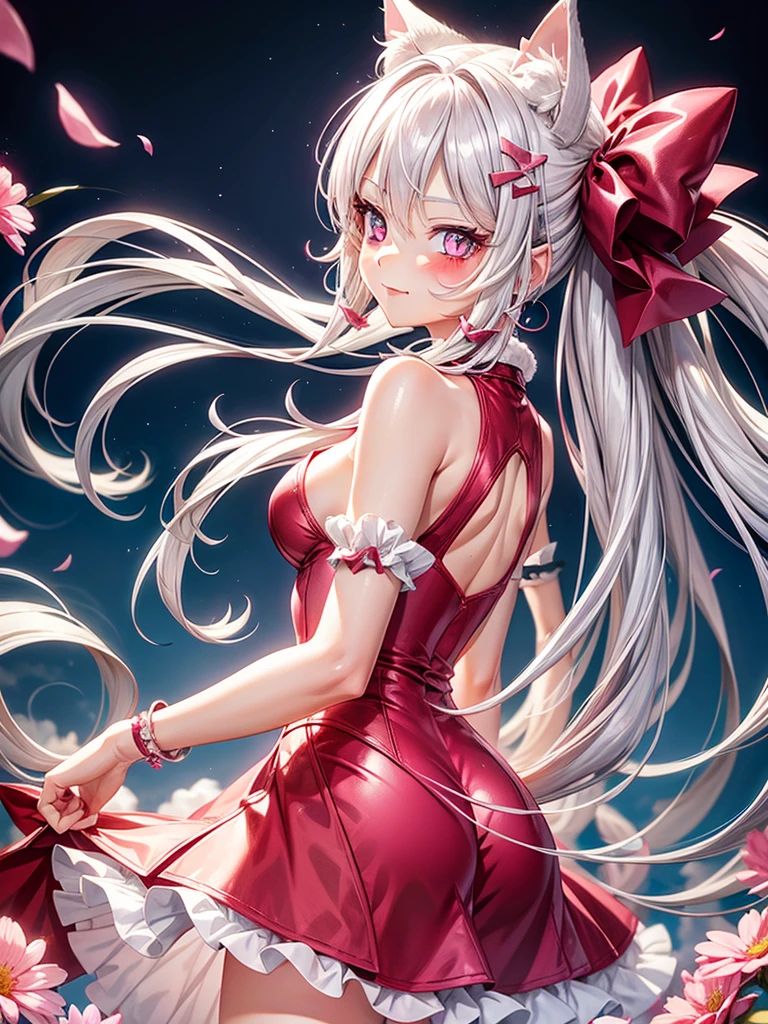 Silver hair, pink eyes, body, cat ears, sexy girl, earrings, flower sky background, pink red uniform, hair bows, look back, happy face