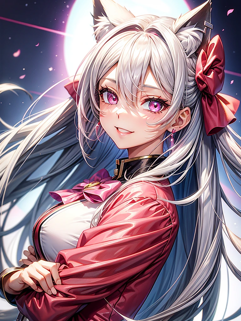 Silver hair, pink eyes, body, cat ears, sexy girl, earrings, flower sky background, pink red uniform, hair bows, look back, happy face