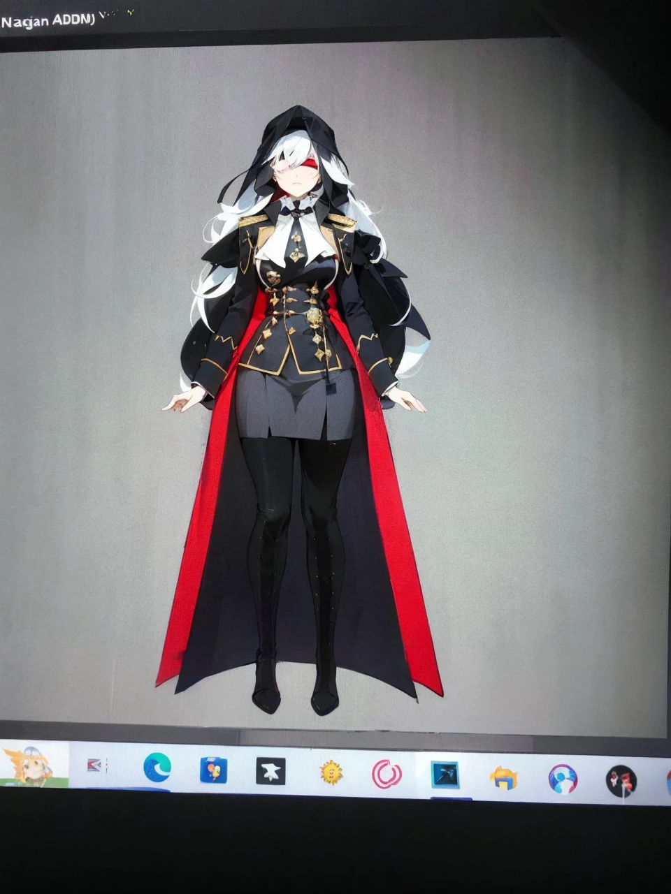 Make an anime poster, has 4 women in it, on the left side a classy dressed beauty with only the colors red and white, has an angelic presence but a demonic personality, she wears a hat on her head and a long mature gown. On the middle, a millitary general with black and white hair, and a blindfold covering her eyes. Behind her in the back, a woman faded in the background, only her eyes red Phoenix can be seen. Finally at the very right side a nun with a blindfold and a church nun fantasy black dress, holding her hands together symbolizing a prayer gesture.