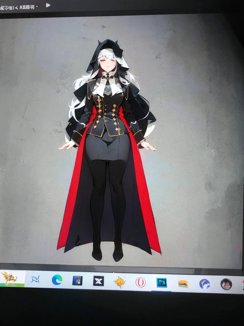 Make an anime poster, has 4 women in it, on the left side a classy dressed beauty with only the colors red and white, has an angelic presence but a demonic personality, she wears a hat on her head and a long mature gown. On the middle, a millitary general with black and white hair, and a blindfold covering her eyes. Behind her in the back, a woman faded in the background, only her eyes red Phoenix can be seen. Finally at the very right side a nun with a blindfold and a church nun fantasy black dress, holding her hands together symbolizing a prayer gesture.