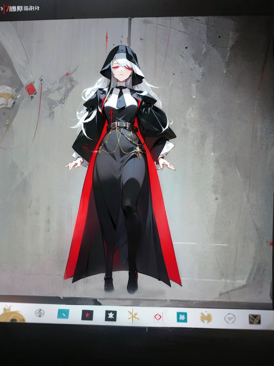 Make an anime poster, has 4 women in it, on the left side a classy dressed beauty with only the colors red and white, has an angelic presence but a demonic personality, she wears a hat on her head and a long mature gown. On the middle, a millitary general with black and white hair, and a blindfold covering her eyes. Behind her in the back, a woman faded in the background, only her eyes red Phoenix can be seen. Finally at the very right side a nun with a blindfold and a church nun fantasy black dress, holding her hands together symbolizing a prayer gesture.