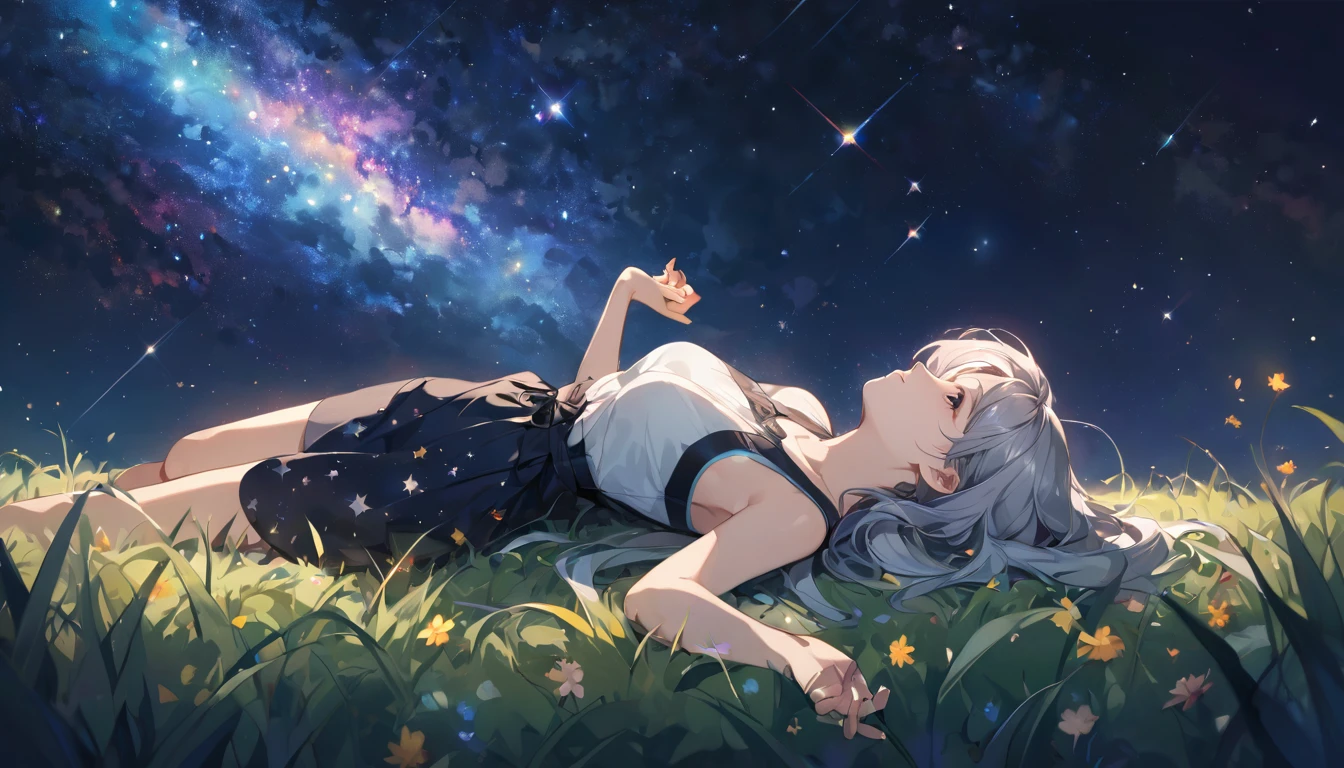 A girl is lying on the grass, Gray Hair,Look up at the starry sky. Colorful nebulae