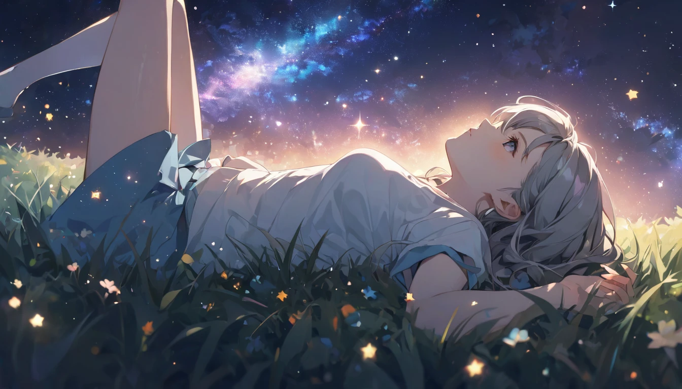 A girl is lying on the grass, Gray Hair,Look up at the starry sky. Colorful nebulae