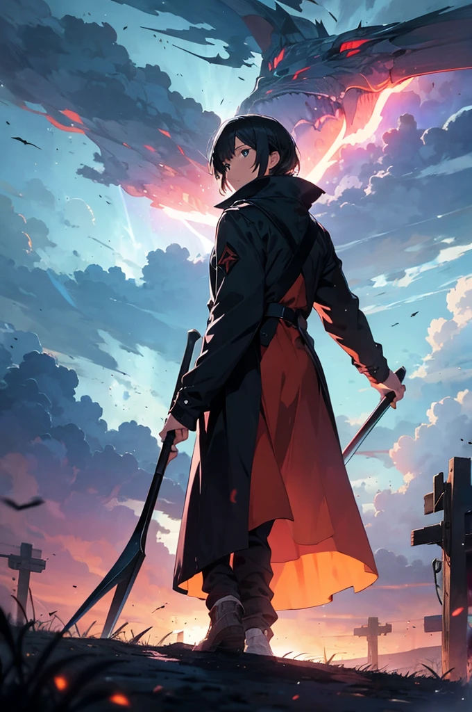 Person on a hill watching a city on fire during a lightning storm as the reaper with his scythe descends from the skies in a chariot.