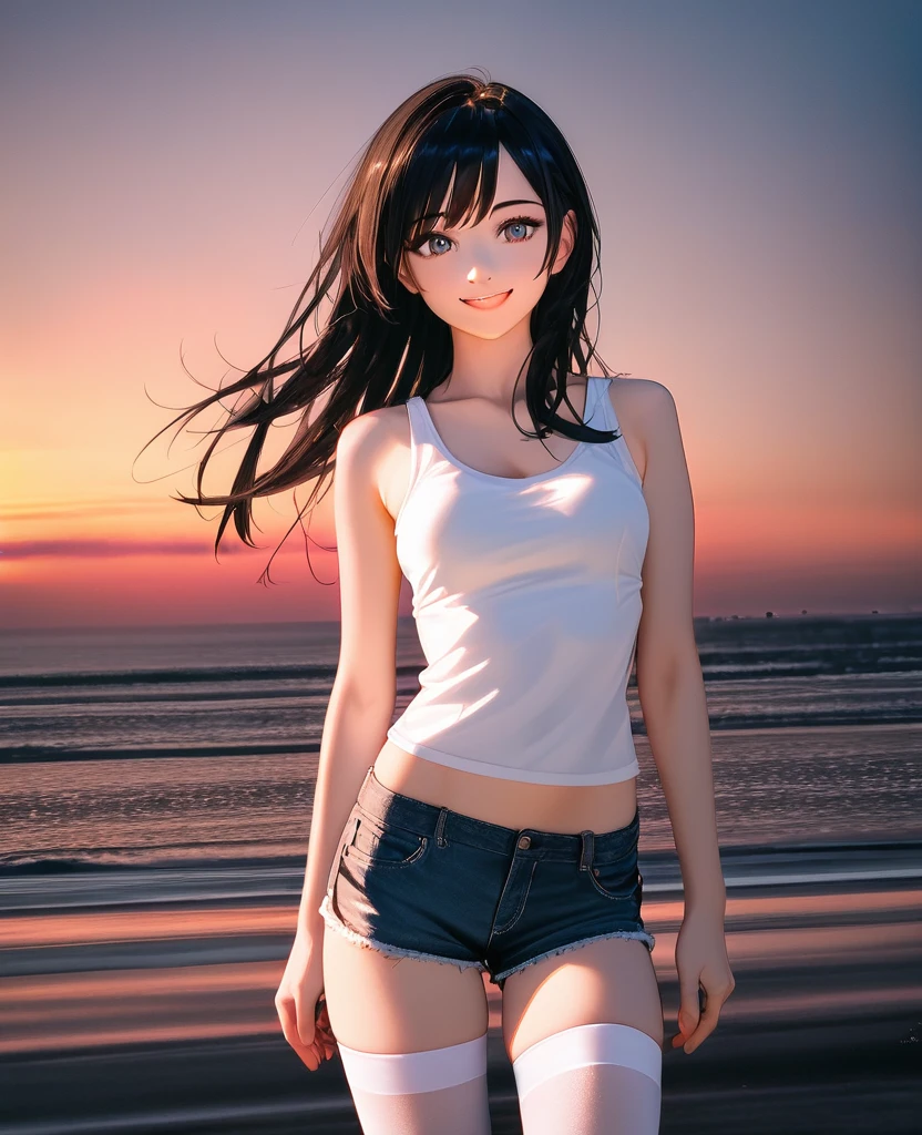 score_9, score_8_Excellent, One girl, Photo Model, smile, Focus on your audience, Beautiful lighting, Highest quality, masterpiece, Ultra-high resolution, Realistic, Black Hair, Short tank top, Shorts, Long Stockings, Medium chest, White skin,( Sunset background:1.4)