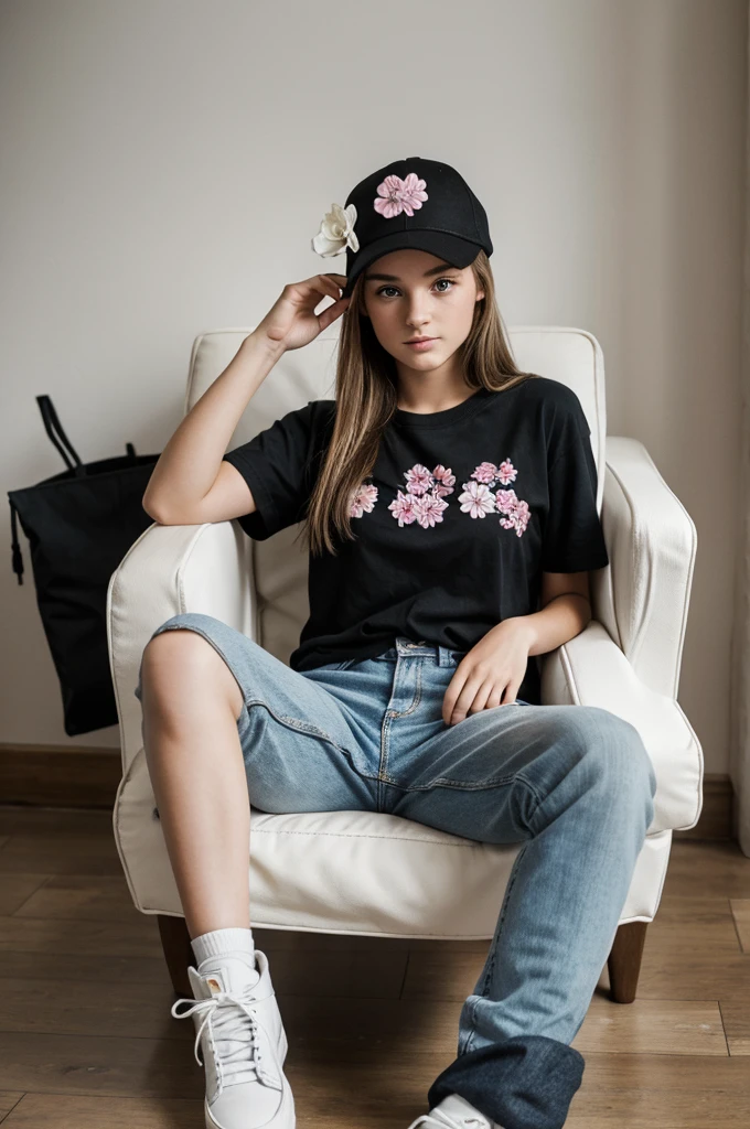 Une adolescente sexy de  ans européenne réalisatrice de film avec une casquette sur la tête. On la voit de la tête aux pieds. Elle a des chaussures blanches à fleurs. Elle porte un t-shirt serré. Elle est assise sur une chaise de réalisation de films Noir