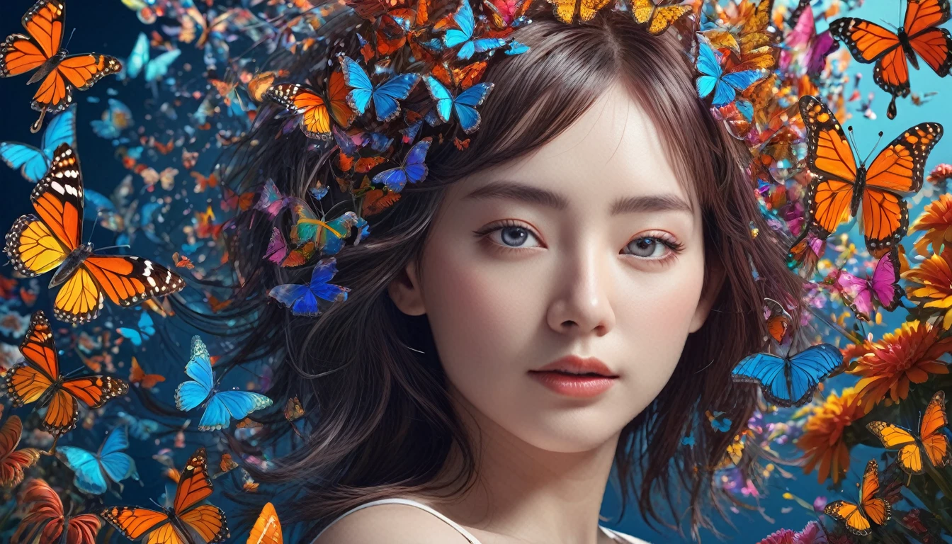 In the layered transparent body of the human head、Butterflies mixed in the brain, beautiful detailed Complex insanely detailed octane render trending on artstation, 8K Art Photography, Realistic, Centered, Symmetric, I drew, Complex, Volumetric lighting, beautiful, A masterpiece of deep colour, Sharp focus, Super detailed, Dan Mumford and Mark Simonetti's style, Astrophotography