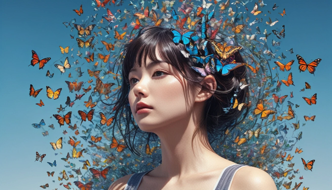 In the layered transparent body of the human head、Butterflies mixed in the brain, beautiful detailed Complex insanely detailed octane render trending on artstation, 8K Art Photography, Realistic, Centered, Symmetric, I drew, Complex, Volumetric lighting, beautiful, A masterpiece of deep colour, Sharp focus, Super detailed, Dan Mumford and Mark Simonetti's style, Astrophotography