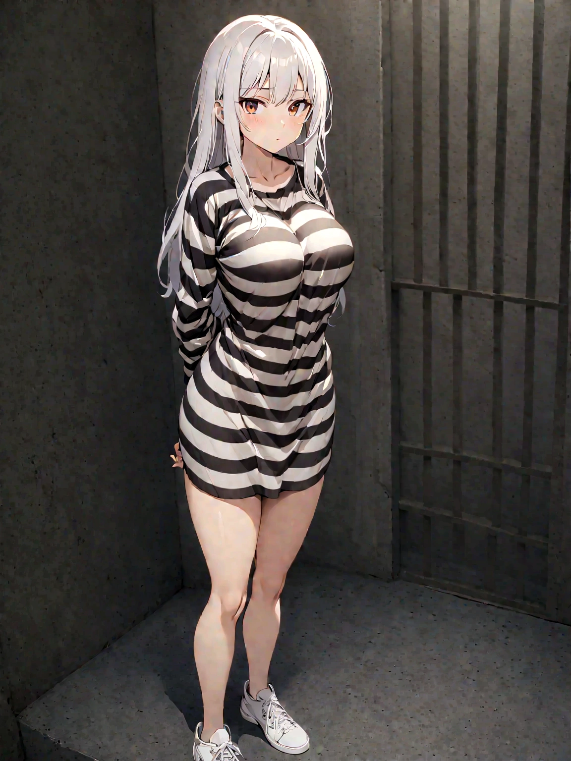 an anime woman 30 years with her arms behind her back, dressed as a prisoner, in a cell, 1 woman, full body, alone, long hair, looking at viewer, shirt, brown eyes, white hair, loose hair, posing, wearing t-shirt striped, with horizontal stripes, black and white striped shirt, big breasts, long sleeves, with (arms behind the back), no pants, bare legs, white sneakers.