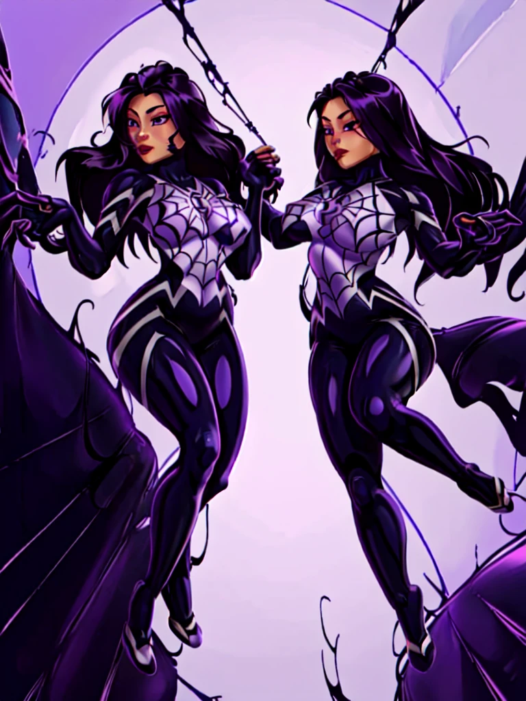 CindyMoon, long hair, purple eyes, purple hair, armor, bodysuit, purple lips, spider (symbol)
