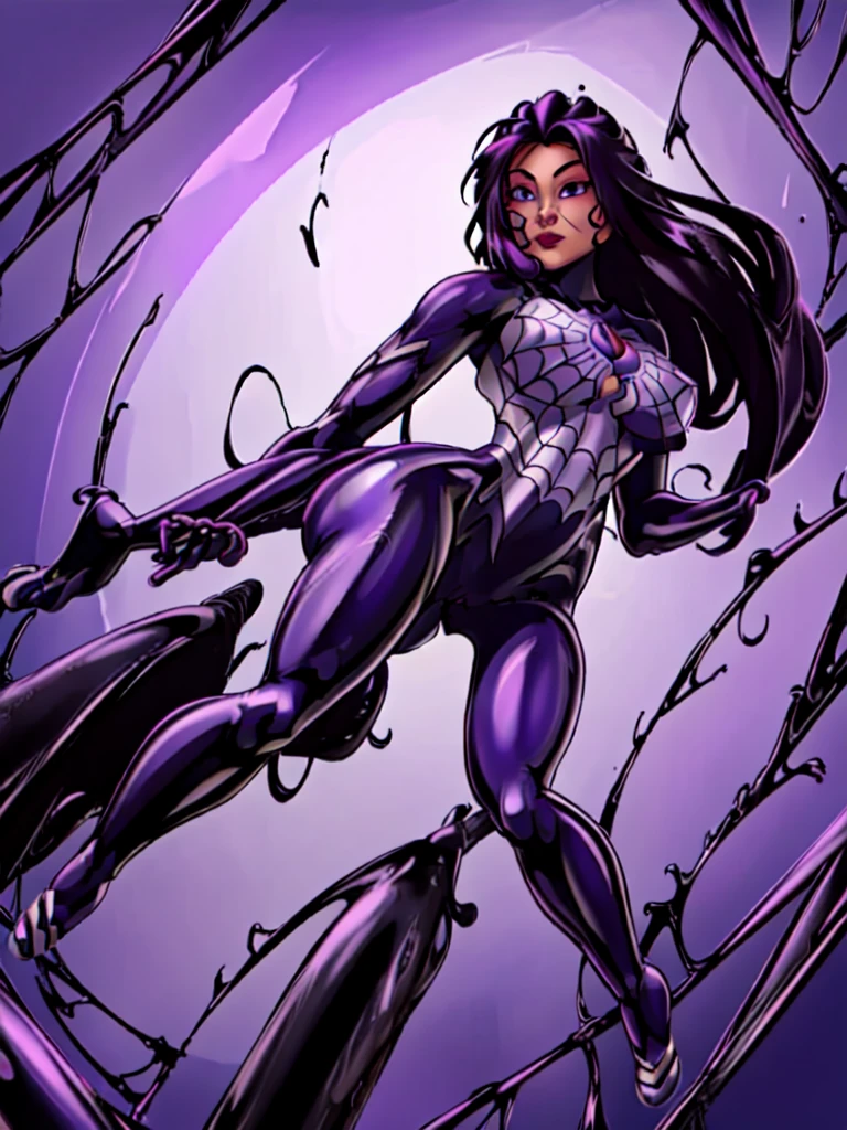 CindyMoon, long hair, purple eyes, purple hair, armor, bodysuit, purple lips, spider (symbol)
