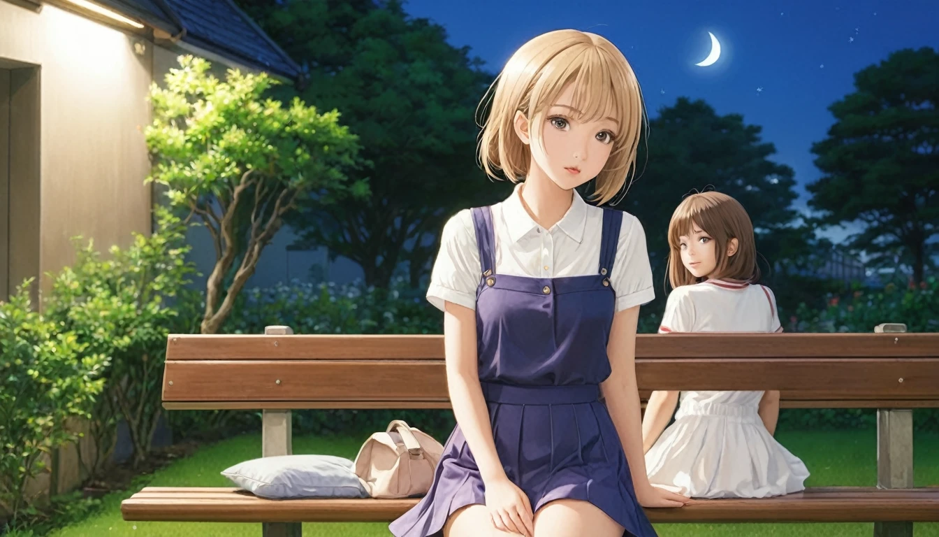 super high quality, masterpiece, anime, 2D, animeーション, Japanese Art, Colorful Japanese manga, 2 girls, Medium blonde hair and lilac eyes, Medium brown hair and brown eyes, Casual clothing, skirt, T-Shirts, dress, French kiss, Kiss on the mouth, Tongue kiss, Intimate, Browsing Caution, saliva, Are standing, Blushed, close your eyes, night, Dim lighting, performer, moon, bench, wood, green, Grass, garden