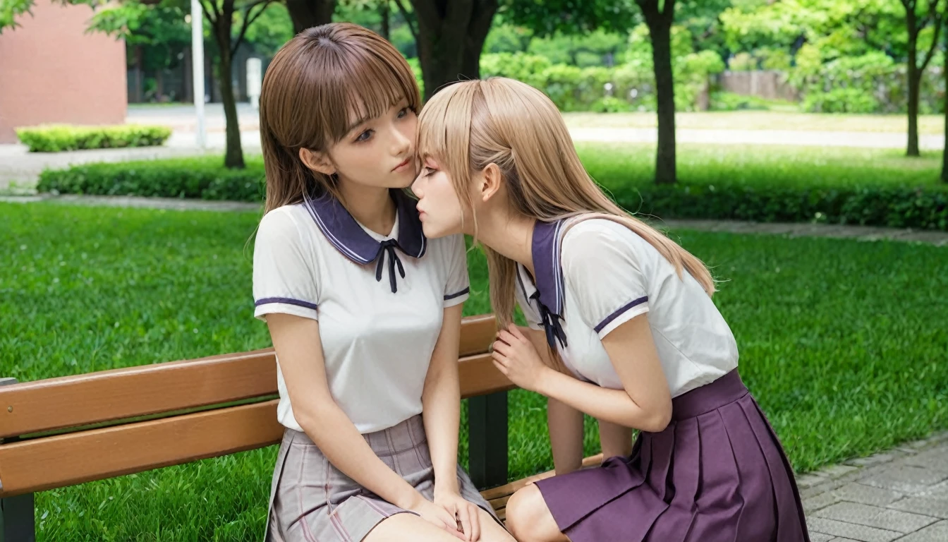 super high quality, masterpiece, anime, 2D, animeーション, Japanese Art, Colorful Japanese manga, 2 girls, Medium blonde hair and lilac eyes, Medium brown hair and brown eyes, Casual clothing, skirt, T-Shirts, dress, French kiss, Kiss on the mouth, Tongue kiss, Intimate, Browsing Caution, saliva, Are standing, Blushed, close your eyes, night, Dim lighting, performer, moon, bench, wood, green, Grass, garden