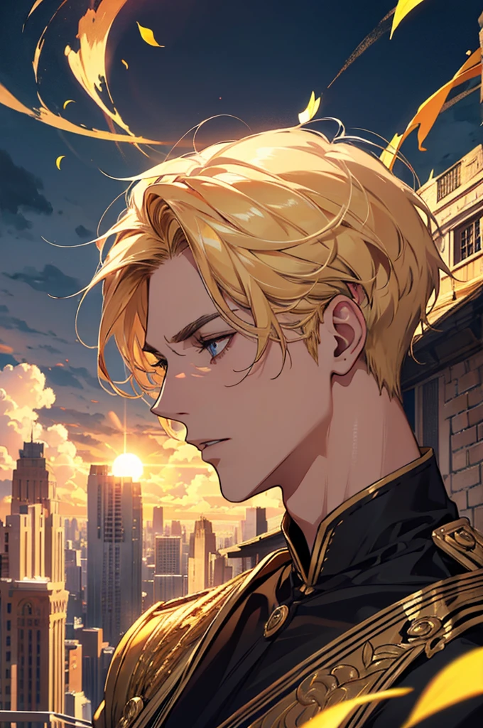 absurdres, highres, ultra detailed), 1 male, adult, handsome, tall muscular guy, broad shoulders, finely detailed eyes and detailed face, fantasy, dark theme, cinematic lighting, colorful, portrait, flying petal, Flowery meadow, cloudy sky, building, sun, light, close up,side profile, blonde hair, golden hair, golden flames, white and red uniform, short hair, golden moon