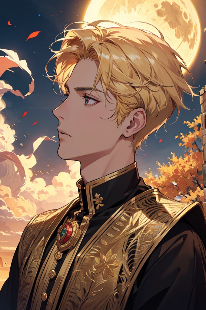 absurdres, highres, ultra detailed), 1 male, adult, handsome, tall muscular guy, broad shoulders, finely detailed eyes and detailed face, fantasy, dark theme, cinematic lighting, colorful, portrait, flying petal, Flowery meadow, cloudy sky, building, sun, light, close up,side profile, blonde hair, golden hair, golden flames, white and red uniform, short hair, golden moon