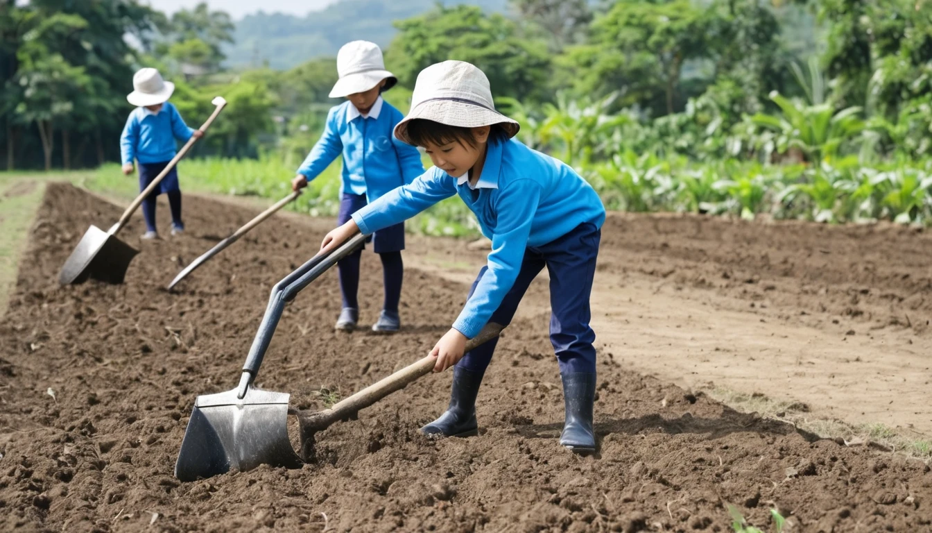 Primary school students. change.. agriculture. Plow the soil with a hoe