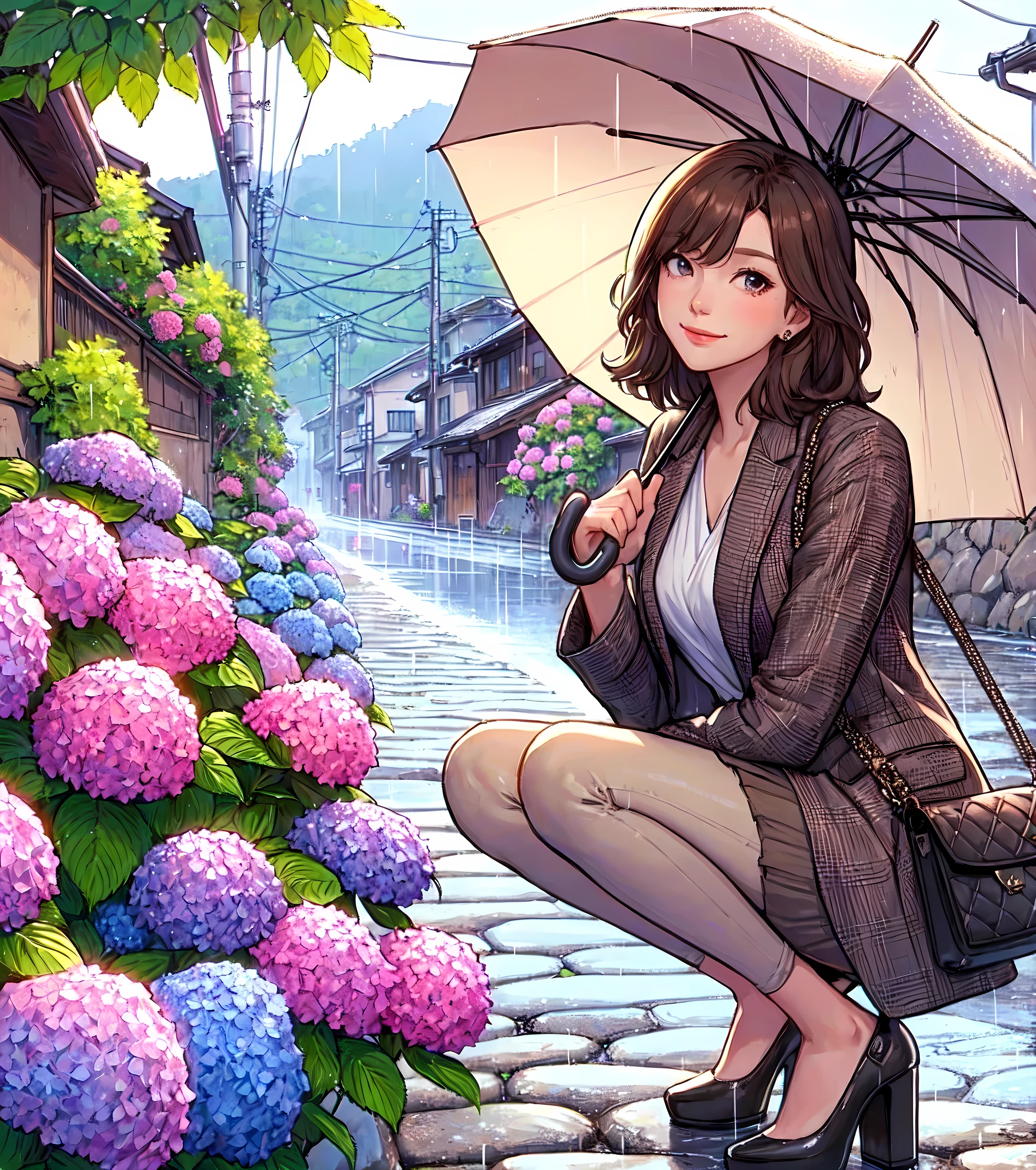 1lady solo, from side, squatting, stylish outfit (calm attire), (mature female:0.8), /(brown hair/) bangs, kind smile, (masterpiece best quality:1.2) delicate illustration ultra-detailed, medium breasts BREAK (holding umbrella) BREAK (quiet residential area) outdoors, street, (rainy:1.1), ((hydrangea) blooming along roadside), cobblestone, detailed background