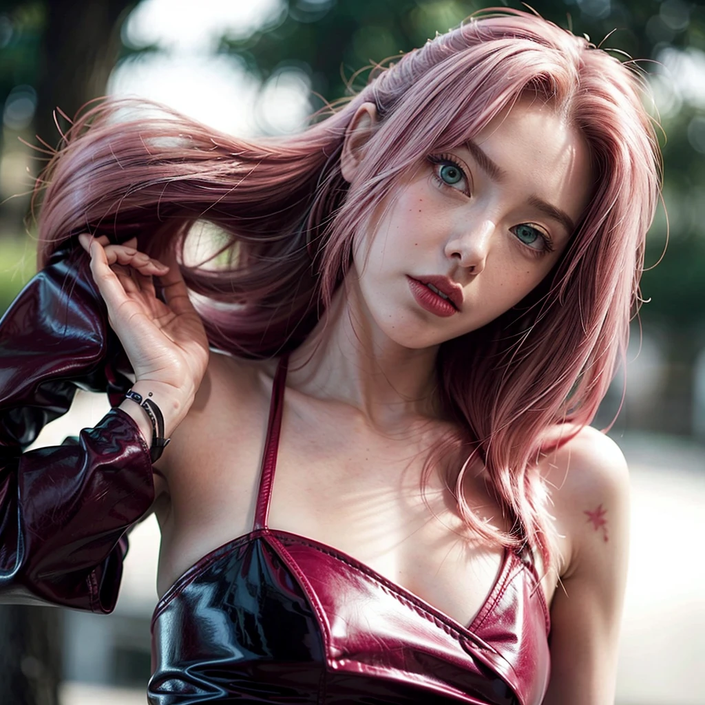 young woman, long pink hair, wide forehead, porcelain skin, pink eyebrows, big emerald green eyes, buttoned nose, thick lips, heart-shaped face, slender body, small breasts, black and red leather dress, Sakura Haruno, realistic realism details 3d