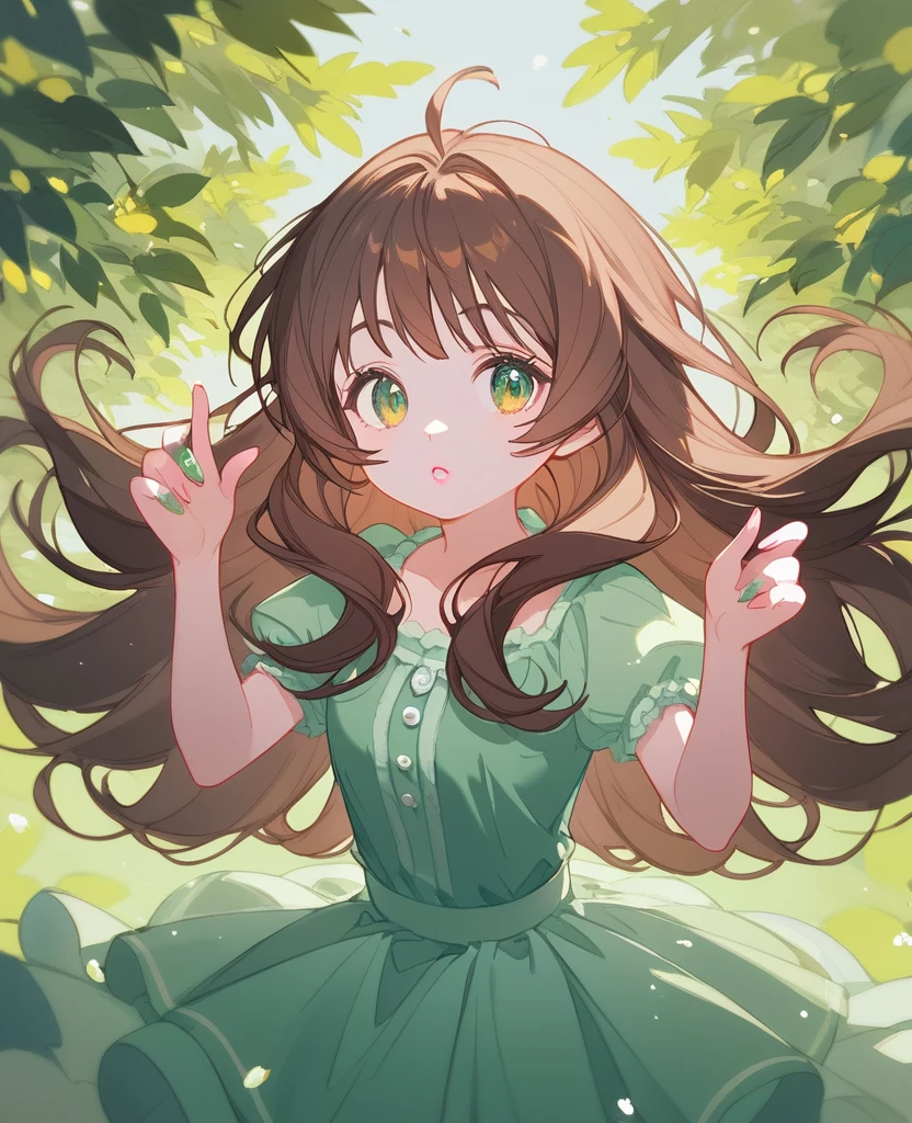 score_9, score_8_Excellent, Wavy long hair, Brown Hair, One girl, Emerald Eyes, Shake with two fingers, Pink Lips, Pastel Green Dress,