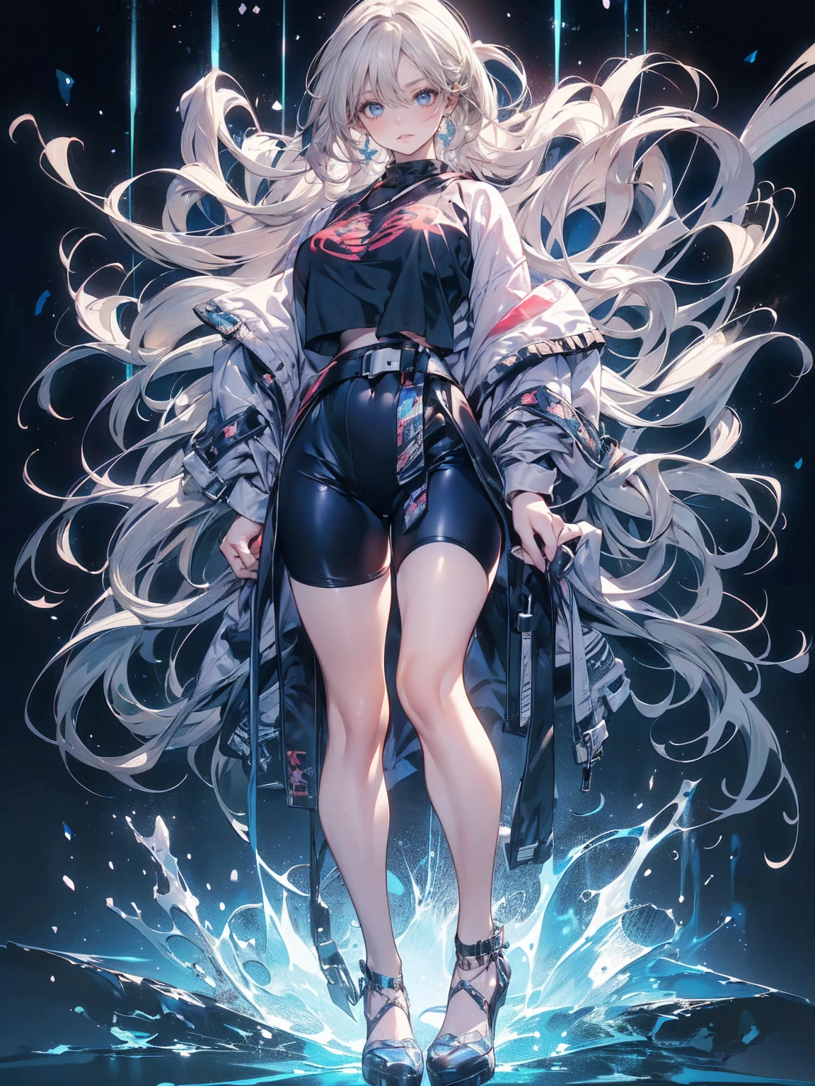 (((unique look:1.5, The eyes of famous artists, Unique Fashion, Slit Skirt)))、Pink Hair (White Hair Girl), (Thick, dark blue eyebrows:1.4), (Dark blue eyebrows:1.7), (Thick eyebrows:1.3), (Huge black fluffy animal ears:1.1), (Black animal ears:1.1), BREAK, (((mesh, Mesh Stitching Crop T-Shirt, Cutout Long Sleeve Top))),BREAK, (Big Breasts:1.2, Thick legs, Adult female body, Sturdy body:1.5), , (sharp eyes, Ultra-high definition CG, Precisely designed costumes, 4K, 8K, Ultra-high definition CG, , Expressive and Captivating Eyes, Fine Details and Realistic Textures, cinematic lighting), , BREAK, (Wearing black leggings with holes), Skinny sleeves, (Torn and holey leggings:1.2)(Black leggings:1.4), (Punkish Boots:1.2), (Thick sole:1.5), (Big shoes:1.3), ((unique look:1.5, The eyes of famous artists))