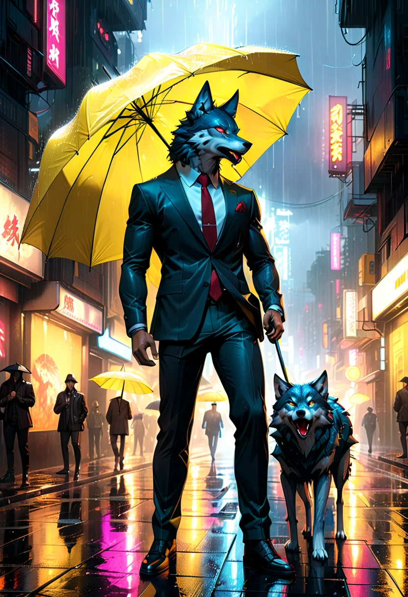 high details, best quality, 16k, RAW, [best detailed], masterpiece, best quality, (extremely detailed), full body, photorealistic, a picture of anthomprh wolf holding an umbrella in cyberpunk street at the rain at night, an epic anthomorph wolf with dynamoc color fur, red glowing eyes, howling to the moon at night, he wears an elegant suit and tie, dark pants, dynamic elegant pants, he is (holding a yellow umbrella: 1.3) ,  in a dark cyberpunk street at night there is a full moon, it is raining, (highest quality:1.2, Very detailed, up to date, Vibrant, Ultra-high resolution, High Contrast, masterpiece:1.2, highest quality, Best aesthetics), best details, best quality, highres, dynamic angle, 16k, [ultra detailed], masterpiece, best quality, (extremely detailed: 1.5), Intense gaze, xh, hand holding umbrella