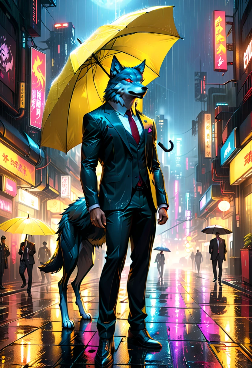 high details, best quality, 16k, RAW, [best detailed], masterpiece, best quality, (extremely detailed), full body, photorealistic, a picture of anthomprh wolf holding an umbrella in cyberpunk street at the rain at night, an epic anthomorph wolf with dynamoc color fur, red glowing eyes, howling to the moon at night, he wears an elegant suit and tie, dark pants, dynamic elegant pants, he is (holding a yellow umbrella: 1.3) ,  in a dark cyberpunk street at night there is a full moon, it is raining, (highest quality:1.2, Very detailed, up to date, Vibrant, Ultra-high resolution, High Contrast, masterpiece:1.2, highest quality, Best aesthetics), best details, best quality, highres, dynamic angle, 16k, [ultra detailed], masterpiece, best quality, (extremely detailed: 1.5), Intense gaze, xh, hand holding umbrella