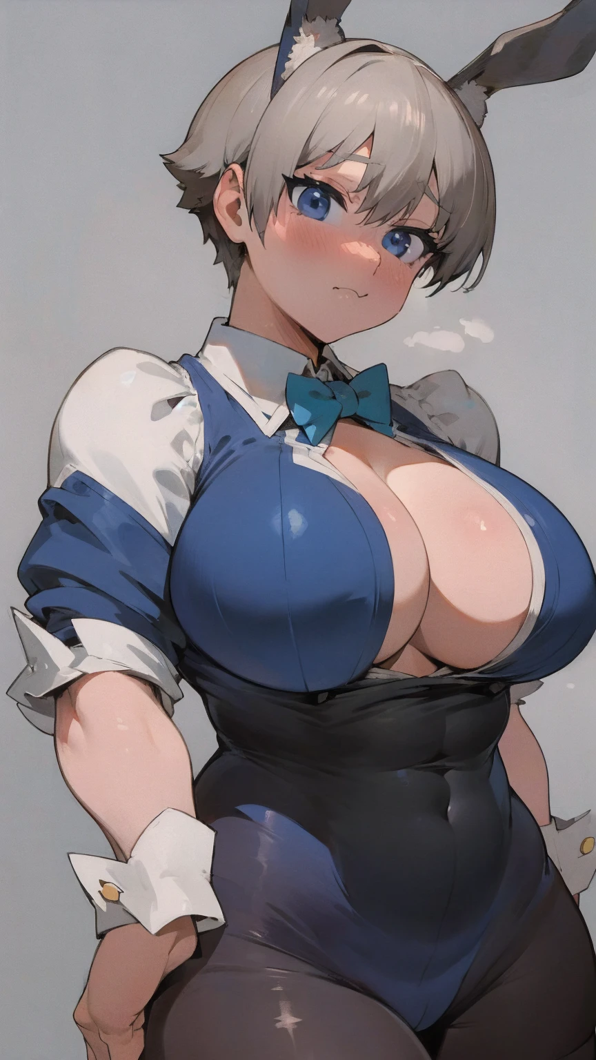 masterpiece, best quality, ultra-detailed, Potrait of beautiful , (chubby) (muscular), (plump), (sexly), (cleavage), ((tomboy)), (アニメ), (Breasts), (Plump), ((very short hair)), ((Uzaki Hana)), (overweight), (Gray Hair) (Wearing black tights), ((Saggy breasts)), (blue eyes), (Short Hair), (blue eyes), ((thick)), (bunny girl), (fullbody), (Bunny ears)